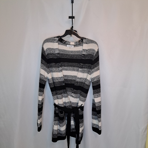 Calvin Klein Monochrome Black Cream Striped Cardigan Womens Size Med #62 - Picture 6 of 8